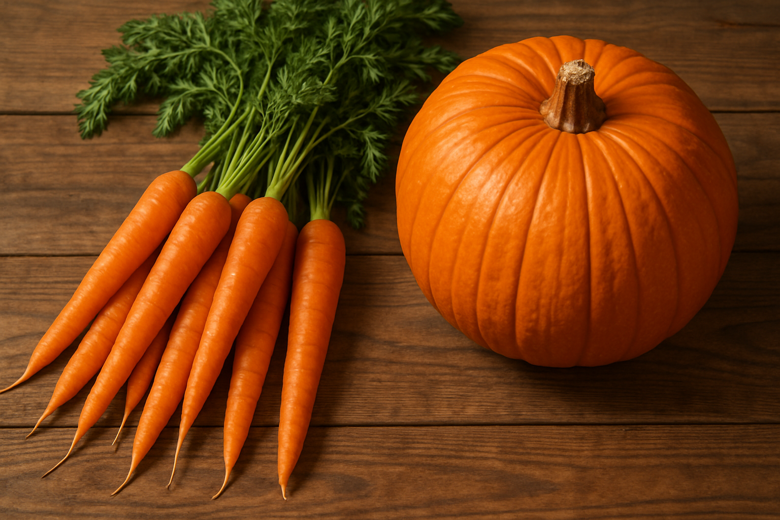 carrots with pumpkin on wooden top
