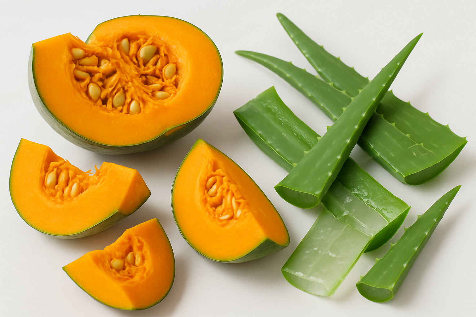 cut pumpkin and aloe vera