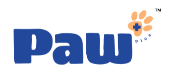 Paw Plus logo with blue text and orange paw print on a white background